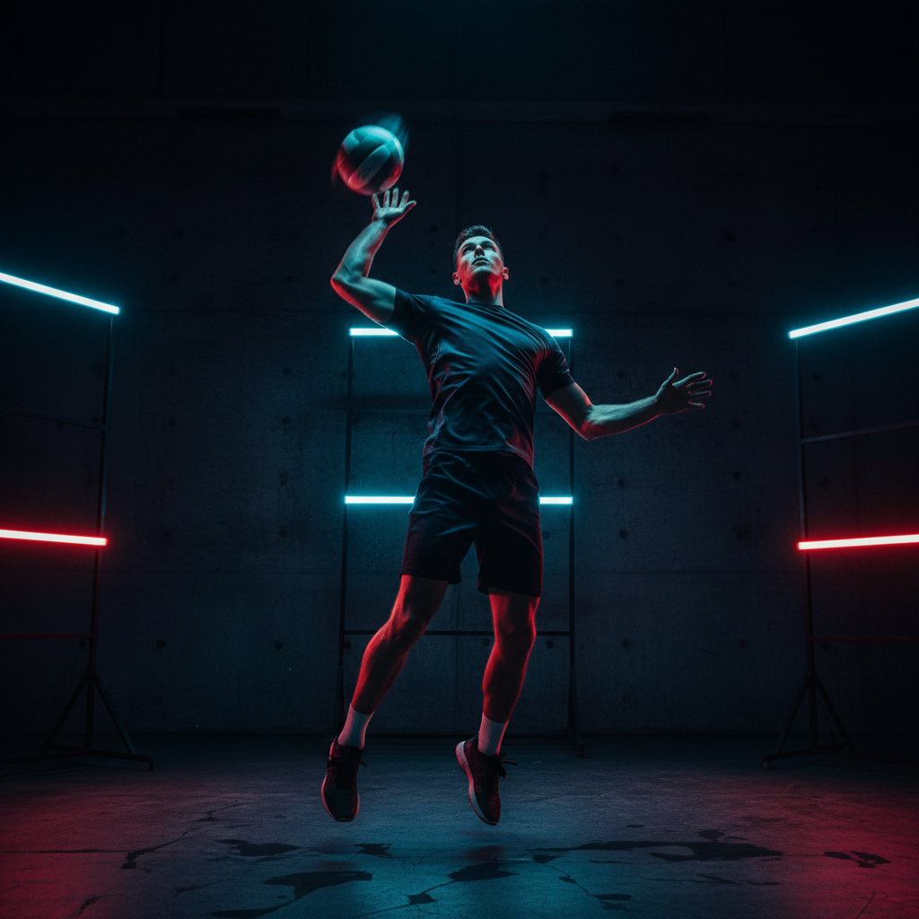 Jugador profesional de voleibol ejecutando un remate bajo iluminación neón azul y roja